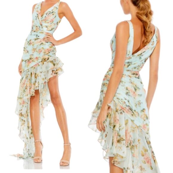 Mac Duggal Floral Print Asymmetrical Ruffle Hem Dress
